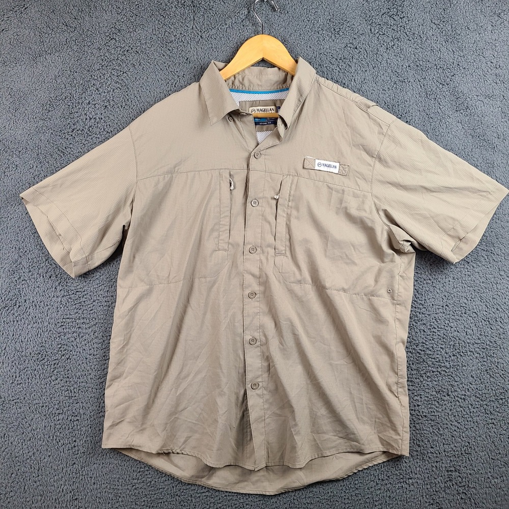 Magellan Outdoors Fish Gear Mens Large Khaki Short Sleeve Fishing Shirt MagWick